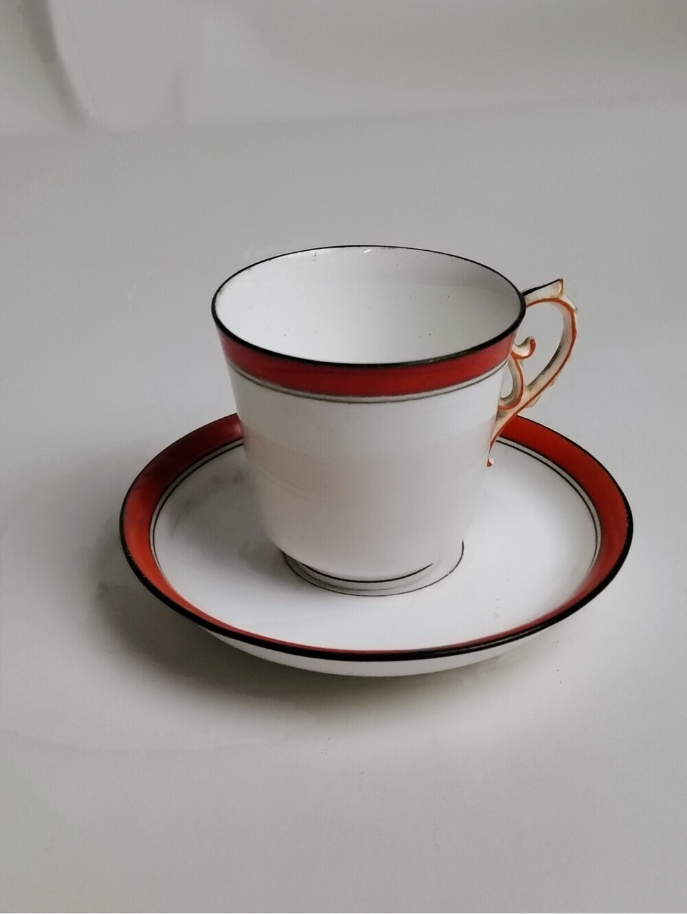 Vintage Antique Fine Porcelain Teacup Saucer Set White Red Orange Band Unmarked